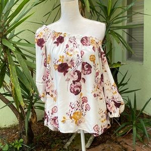 Cream Burgundy Peasant Blouse Top